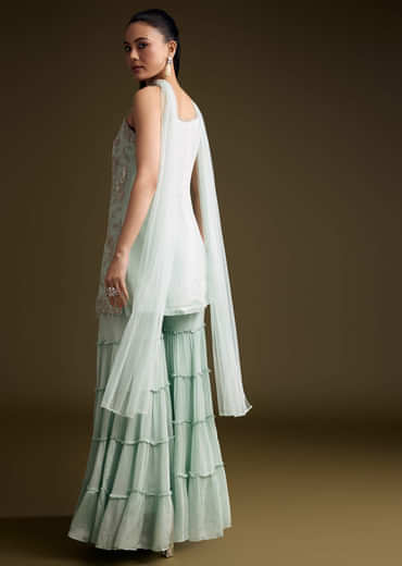 Sky Blue Chinon Sharara Suit With Sequins And Moti