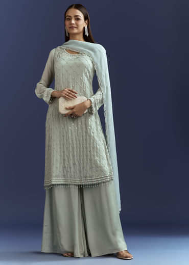 Sky Blue Cutdana Kurta With Scallop Dupatta And Palazzo In Chinon