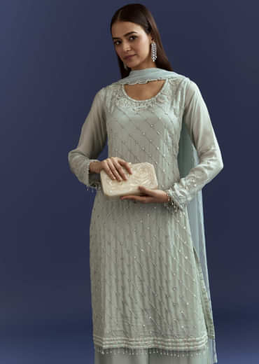 Sky Blue Cutdana Kurta With Scallop Dupatta And Palazzo In Chinon