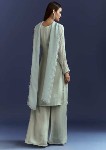Sky Blue Cutdana Kurta With Scallop Dupatta And Palazzo In Chinon