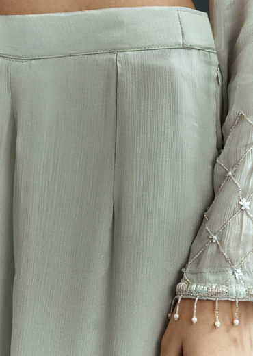 Sky Blue Cutdana Kurta With Scallop Dupatta And Palazzo In Chinon