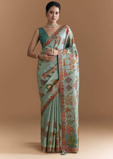 Sky Blue Dola Silk Saree With Madhubani Weave And Embroidery