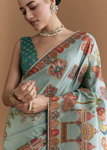 Sky Blue Dola Silk Saree With Madhubani Weave And Embroidery