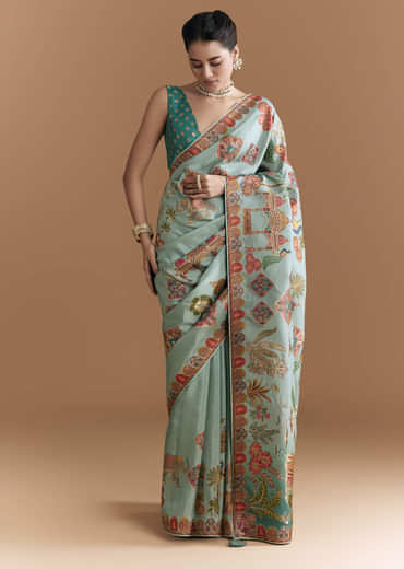 Sky Blue Dola Silk Saree With Madhubani Weave And Embroidery