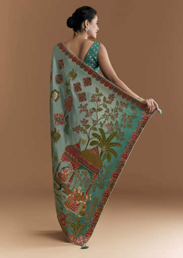 Sky Blue Dola Silk Saree With Madhubani Weave And Embroidery