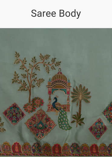 Sky Blue Dola Silk Saree With Madhubani Weave And Embroidery