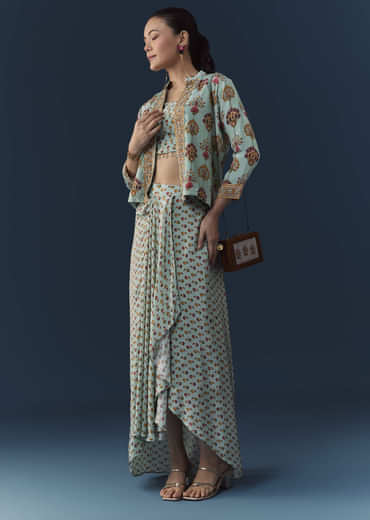 Sky Blue Floral Print Crop Top Skirt Set with Sequins Work Jacket