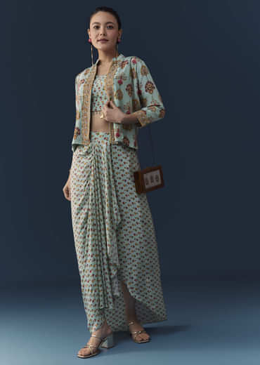 Sky Blue Floral Print Crop Top Skirt Set with Sequins Work Jacket