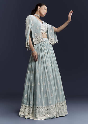 Sky Blue Georgette Bridesmaid Lehenga With Sequins And Thread Embroidery