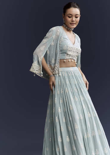 Sky Blue Georgette Bridesmaid Lehenga With Sequins And Thread Embroidery