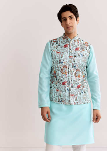 Sky Blue Jacquard Kurta Jacket Set With Animal Print