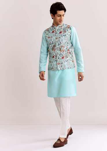 Sky Blue Jacquard Kurta Jacket Set With Animal Print