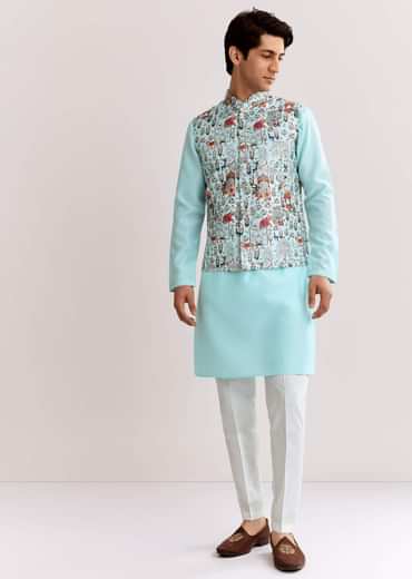 Sky Blue Jacquard Kurta Jacket Set With Animal Print