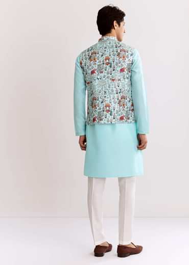 Sky Blue Jacquard Kurta Jacket Set With Animal Print