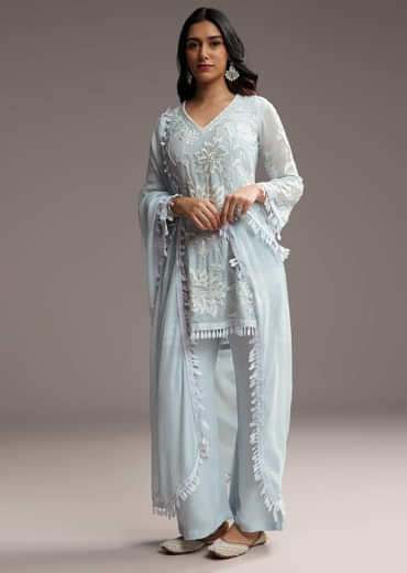Sky Blue Organza Kurta Set With Resham Work