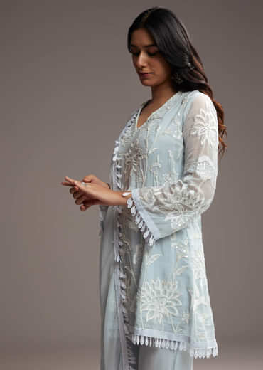 Sky Blue Organza Kurta Set With Resham Work