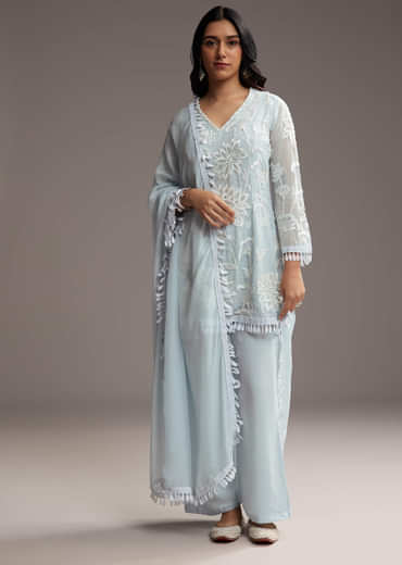 Sky Blue Organza Kurta Set With Resham Work