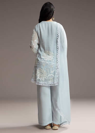 Sky Blue Organza Kurta Set With Resham Work