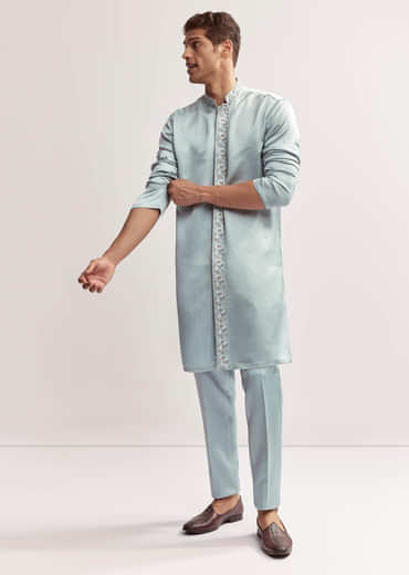 Sky Blue Satin Blend Kurta Set For Men With Zardosi Hand Embroidery