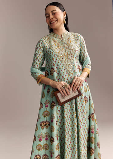 Sky Blue Silk Anarkali Suit With Boho Multi Print