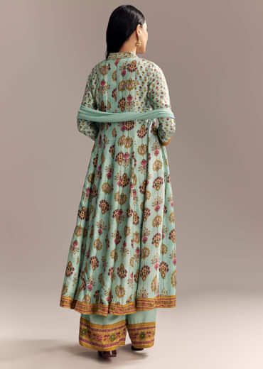 Sky Blue Silk Anarkali Suit With Boho Multi Print