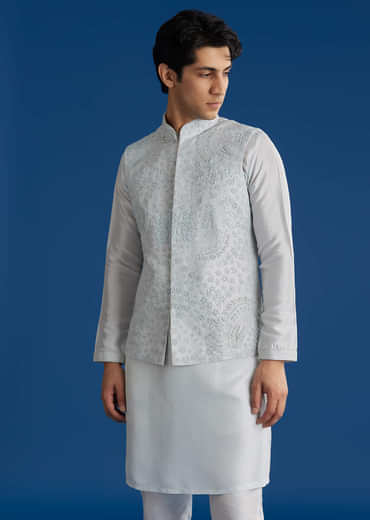 Sky Blue Silk Embroidered Jacket Kurta Set