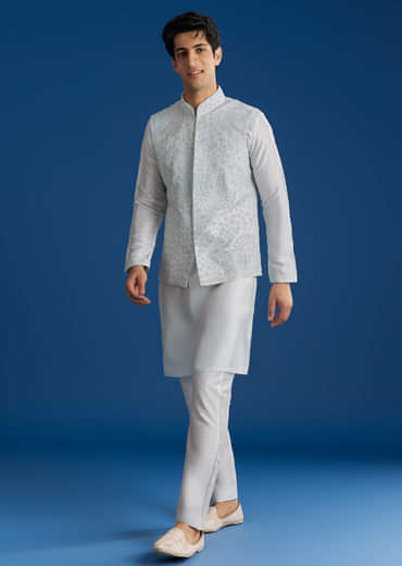 Sky Blue Silk Embroidered Jacket Kurta Set