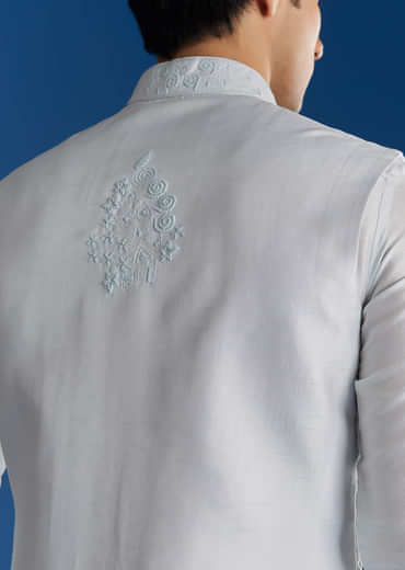 Sky Blue Silk Embroidered Jacket Kurta Set
