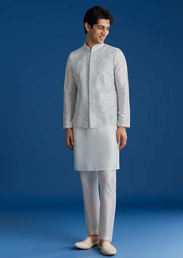 Sky Blue Silk Embroidered Jacket Kurta Set