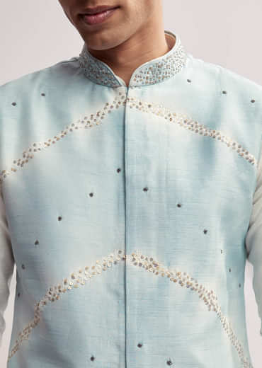 Sky Blue Silk Kurta Jacket Set For Men With Hand Embroidery