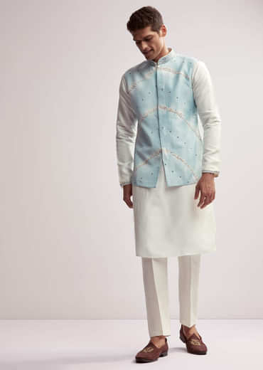 Sky Blue Silk Kurta Jacket Set For Men With Hand Embroidery