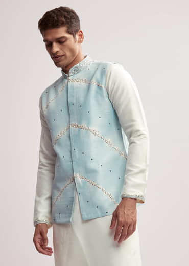 Sky Blue Silk Kurta Jacket Set For Men With Hand Embroidery