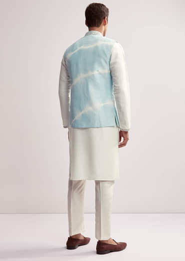 Sky Blue Silk Kurta Jacket Set For Men With Hand Embroidery