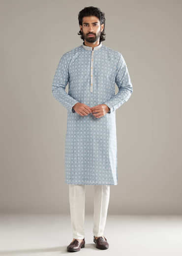 Sky Blue Silk Kurta Set For Men With Floral Printed Motifs