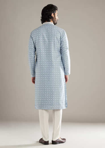 Sky Blue Silk Kurta Set For Men With Floral Printed Motifs