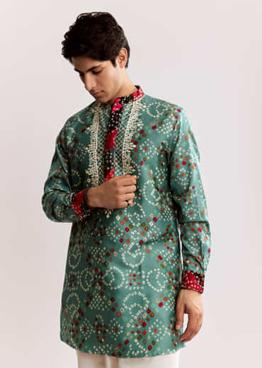 Sky Blue Silk Kurta Set With Bandhani Print