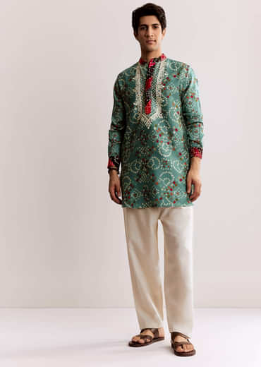 Sky Blue Silk Kurta Set With Bandhani Print