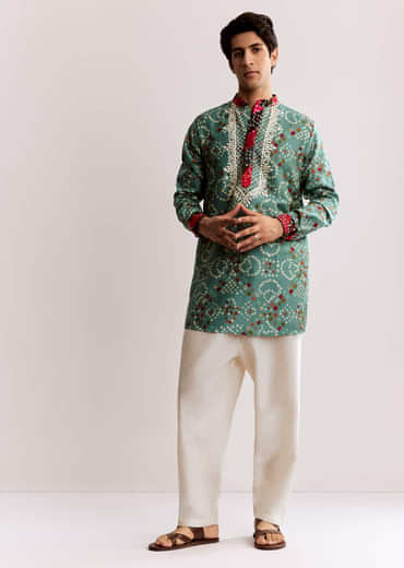 Sky Blue Silk Kurta Set With Bandhani Print