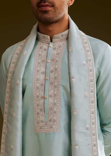 Sky Blue Silk Kurta Set With Embroidered Dupatta