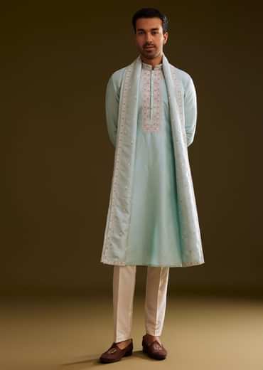 Sky Blue Silk Kurta Set With Embroidered Dupatta