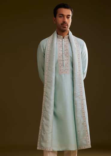 Sky Blue Silk Kurta Set With Embroidered Dupatta
