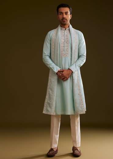 Sky Blue Silk Kurta Set With Embroidered Dupatta