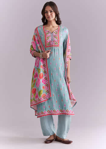 Sky Blue Silk Kurta Set With Ikat Style Print
