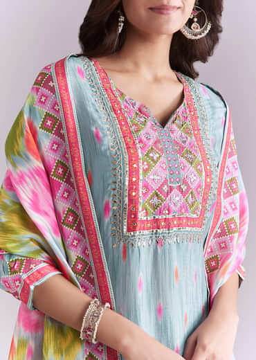Sky Blue Silk Kurta Set With Ikat Style Print