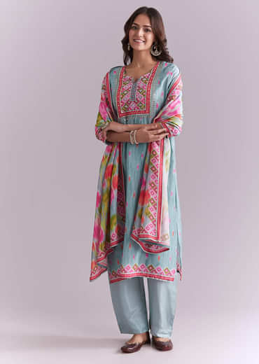 Sky Blue Silk Kurta Set With Ikat Style Print