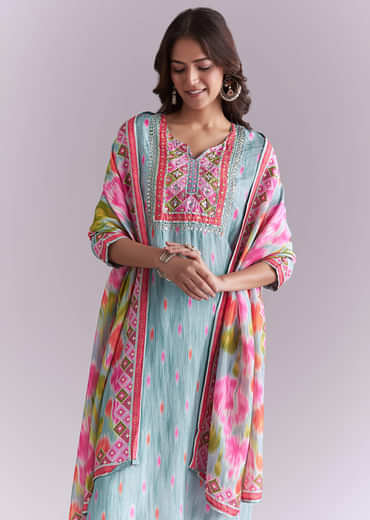 Sky Blue Silk Kurta Set With Ikat Style Print