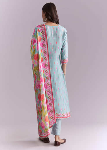 Sky Blue Silk Kurta Set With Ikat Style Print