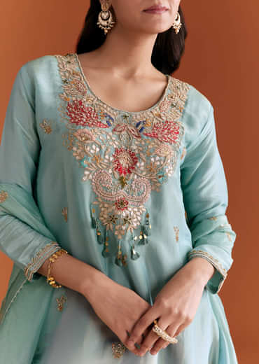 Sky Blue Tissue Kurta Set With Zardosi Embroidery