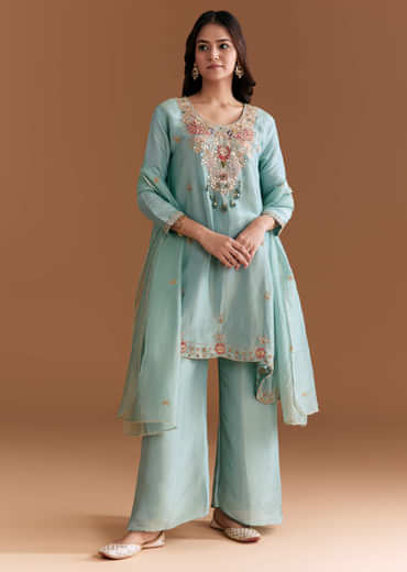 Sky Blue Tissue Kurta Set With Zardosi Embroidery