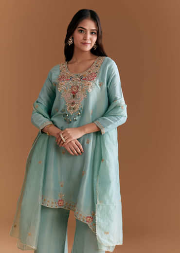 Sky Blue Tissue Kurta Set With Zardosi Embroidery